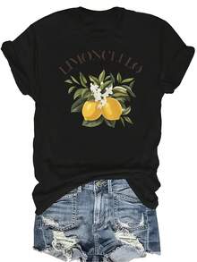 [Camiseta de Moda Casual] Camiseta de mujer suave y cómoda - Camiseta de manga corta de cuello redondo con estampado floral de Lemoncello, regalo perfecto para la abuela y la mamá, uso casual de primavera y verano - Negro - Ver 1