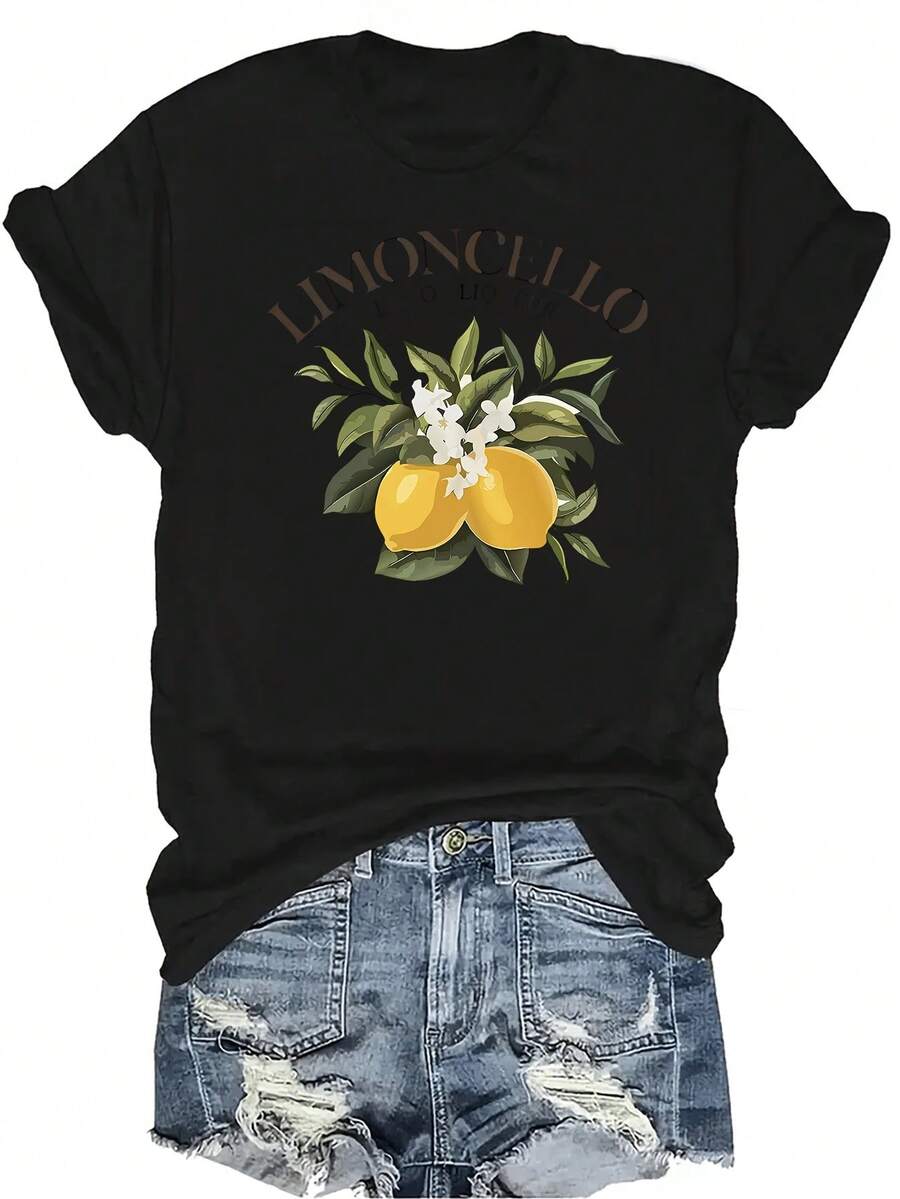 [Camiseta de Moda Casual] Camiseta de mujer suave y cómoda - Camiseta de manga corta de cuello redondo con estampado floral de Lemoncello, regalo perfecto para la abuela y la mamá, uso casual de primavera y verano - Negro - Ver 1