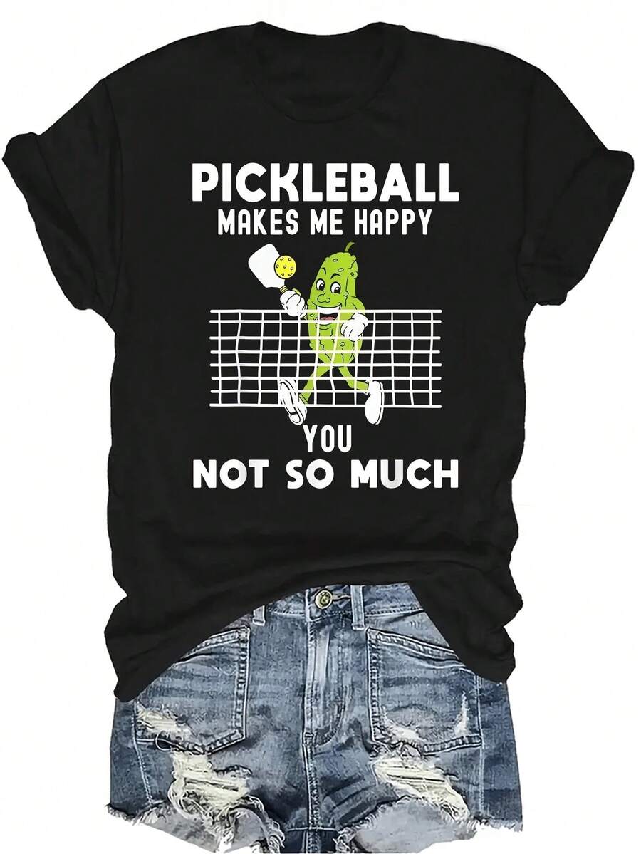 [Camiseta de moda casual] Camiseta suave y cómoda para mujer - Gráfico divertido de pickleball Parte superior de manga corta y cuello redondo casual, regalo perfecto para la abuela y la mamá, uso casual de primavera y verano - Negro - Ver 1