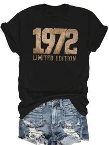 [Camiseta de moda casual] Camiseta de mujer suave y cómoda - Edición limitada vintage 1972 Parte superior de manga corta de cuello redondo casual, regalo perfecto para la abuela y la mamá, uso casual de primavera y verano - Negro - Ver 1