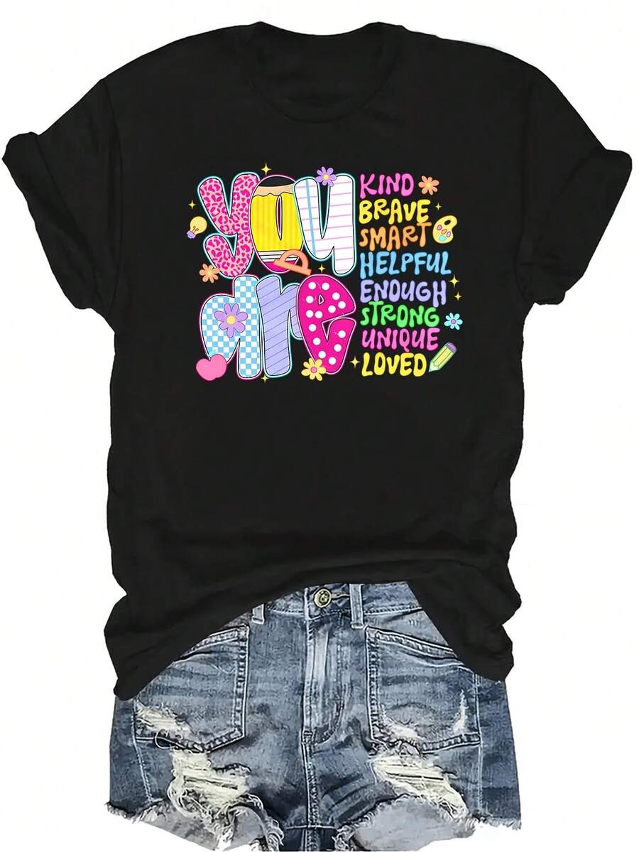 [Camiseta de Moda Casual] Camiseta de Mujer Suave y Cómoda - Eres Amable, Valiente, Inteligente Casual de Manga Corta y Cuello Redondo, Regalo Perfecto para Abuela y Mamá, Uso Casual de Primavera y Verano - Negro - Ver 1