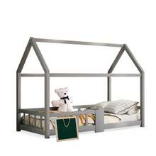 Children's House Bed With Chimney Fall Protection Sturdy Lattice, Pine Wood House Bed For Children 90 X 200 Cm Without Mattress White - Gray + Solid Wood + 90cm*200cm - View 2