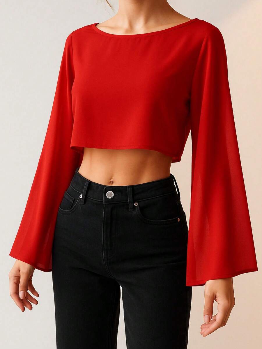 Cropped Tulle Cape With Open, Flowing Sleeves - 紅色 - 查看 1