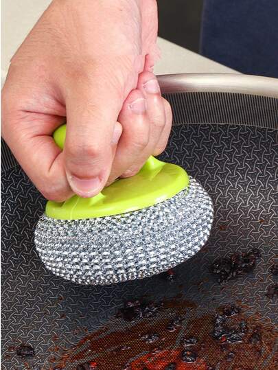 1 pieza - Cepillo de limpieza de cocina de acero inoxidable con cabezal de fregado desmontable - Duradero y apto para lavavajillas, de uso múltiple, no daña ollas, sartenes y vajilla - Mango ergonómico, operación manual, sin electricidad requerida - Apto para fregaderos, estufas y hornos - Diseño ahorra espacio, duradero, higiénico y fácil de limpiar