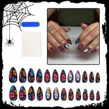 Halloween Floral & Skull Almond-Shaped Finished Press-On Nails |   Nail Art