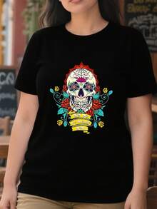 Camiseta casual para mujer de algodón puro 220g gruesa y cómoda con diseño de calavera de azúcar colorida rosas y texto Día de los Muertos y'all - Negro - Ver 2