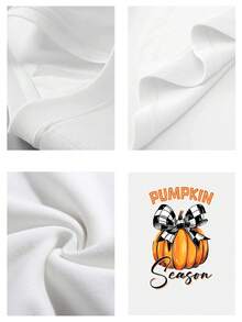 Camiseta casual para mujeres de 220g de algodón puro gruesa y cómoda con diseño de calabaza con moño de cuadros y texto Pumpkin Season de estilo vintage dulce - Blanco - Ver 4