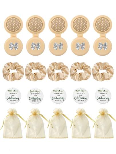 4/20件套新娘派对礼品套装，粉色蝴蝶结镜面折叠发梳，蝴蝶结发圈，包含感谢卡和收纳袋，适合婚礼、伴娘和宾客。