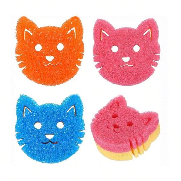 3 قطع إسفنجة تنظيف ذات وجه قطة متعددة الوظائف ذات طبقتين حساسة للحرارة - قوة تنظيف عالية، إسفنجة مطبخ ذات وجهين - حساسة للحرارة، مناسبة لحوض المطبخ الحديث، لغسل الأطباق