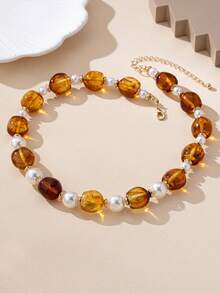 Colier la modă, de înaltă calitate, cu mărgele de chihlimbar și perle, 1 buc., potrivit pentru ținuta zilnică în stil boho a femeilor.