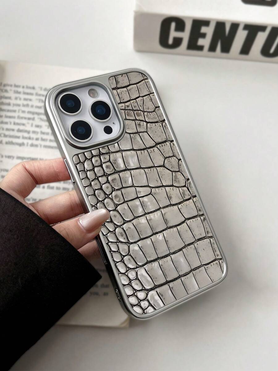 WeiMi 1pc Minimalist Crocodile Skin Pattern Silver Electroplated Waterproof Shockproof Anti-Slip Phone Case, Compatible With Apple Phones - Multicolor - View 1
