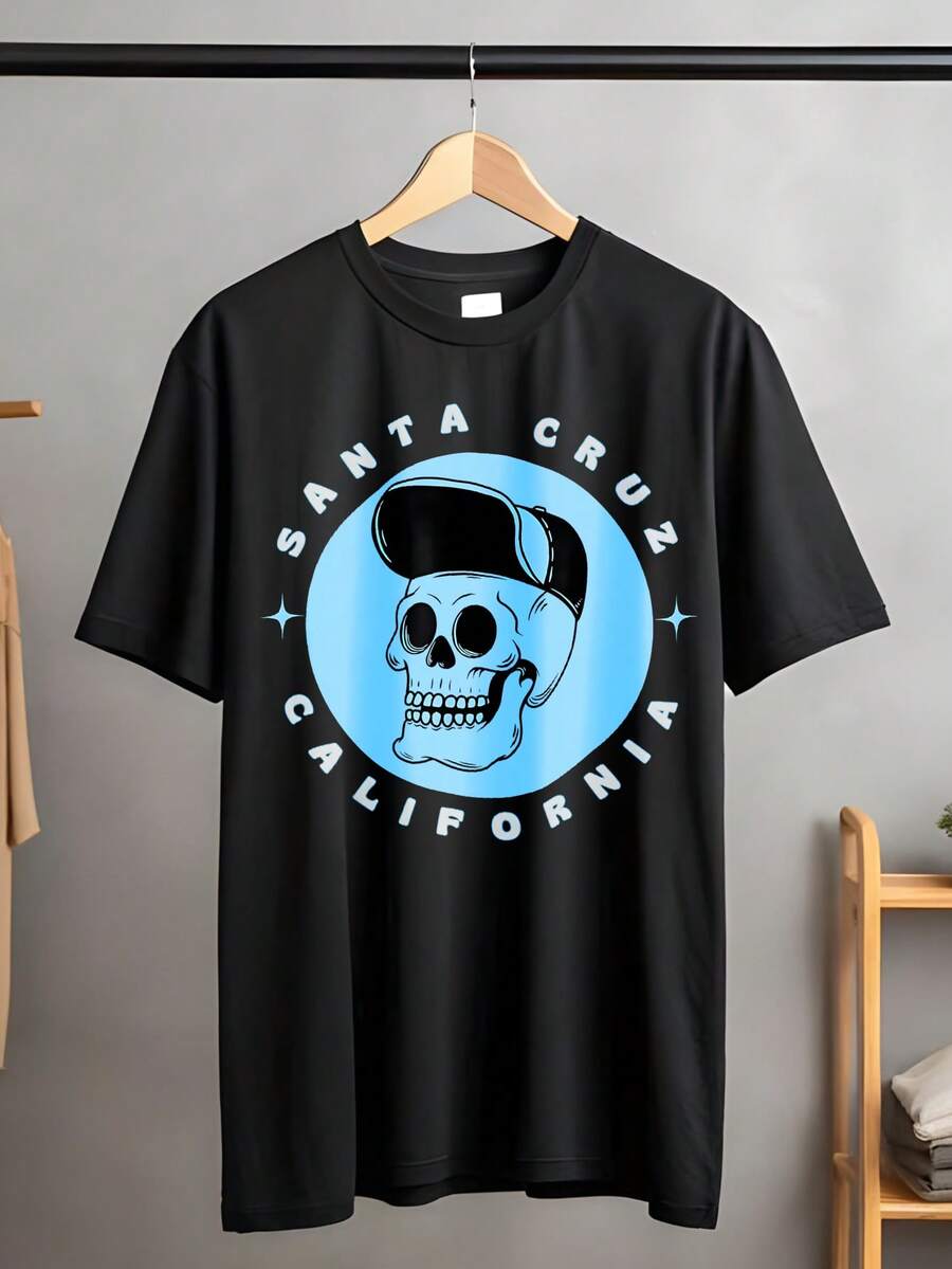 100 Percent Cotton Black T Shirt For Men Women Santa Cruz California Skull Design Graphic Tee Shirts Unisex Casual Short Sleeve Tops Comfortable Breathable Streetwear Fashion Clothing - 黑色 - 查看 1