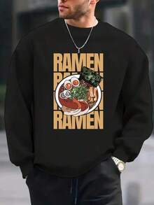 Men's Ramen, Japanese Food Print Fashion Y Round Neck Long Sleeve Sweatshirt, Comfortable Regular Fit Pullover, Essential Autumn-Winter Top,Fall Hoodies,Men's Fall Clothes,Street Wear,Halloween,Mens Hoodies,Y2k Clothes,Jesus Hoodie,Thanksgiving Day,Nightmare Before Christmas,Christmas - Black - View 1