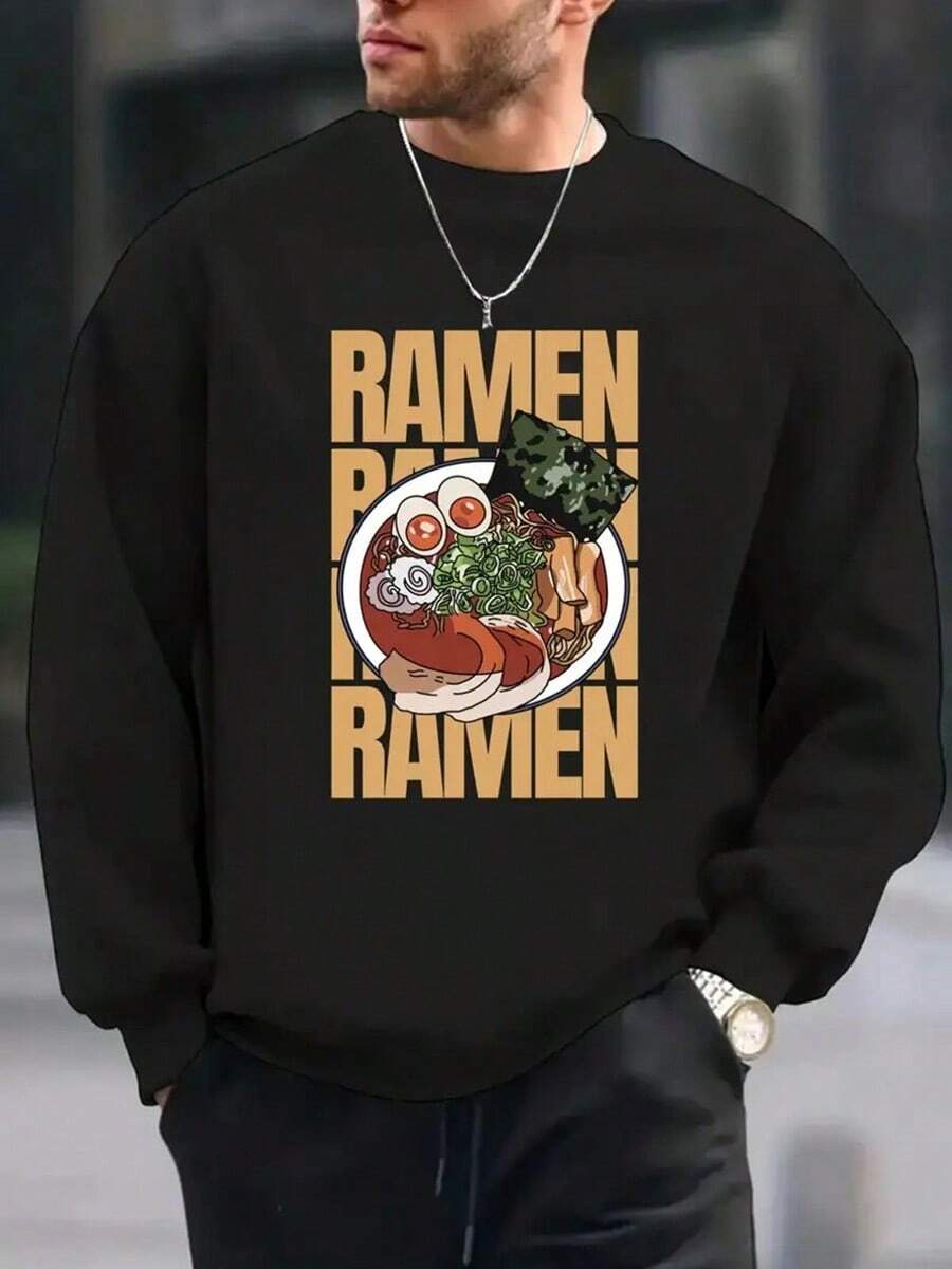 Men's Ramen, Japanese Food Print Fashion Y Round Neck Long Sleeve Sweatshirt, Comfortable Regular Fit Pullover, Essential Autumn-Winter Top,Fall Hoodies,Men's Fall Clothes,Street Wear,Halloween,Mens Hoodies,Y2k Clothes,Jesus Hoodie,Thanksgiving Day,Nightmare Before Christmas,Christmas - Black - View 1