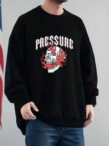 PRESSURE Flame Spewing From Skull's Mouth And Ears Print Oversized Men's Crew Neck Drop Shoulder Sweatshirt - Autumn-Winter Basic Pullover Long Sleeve Casual Hoodie,Fall Hoodies,Men's Fall Clothes,Street Wear,Halloween,Mens Hoodies,Y2k Clothes,Jesus Hoodie,Thanksgiving Day,Nightmare Before Christmas,Christmas - 黑色 - 查看 1