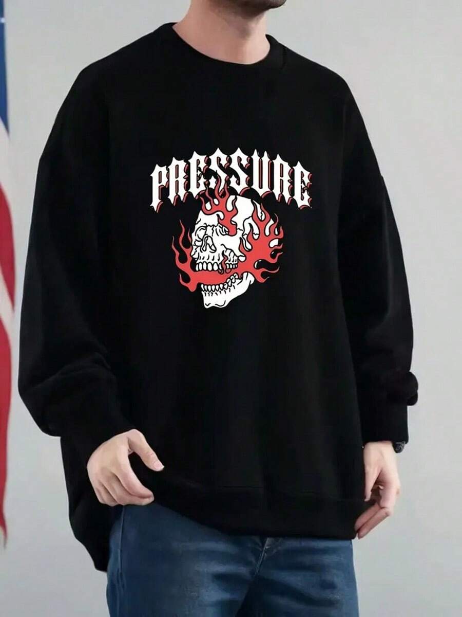 PRESSURE Flame Spewing From Skull's Mouth And Ears Print Oversized Men's Crew Neck Drop Shoulder Sweatshirt - Autumn-Winter Basic Pullover Long Sleeve Casual Hoodie,Fall Hoodies,Men's Fall Clothes,Street Wear,Halloween,Mens Hoodies,Y2k Clothes,Jesus Hoodie,Thanksgiving Day,Nightmare Before Christmas,Christmas - 黑色 - 查看 1