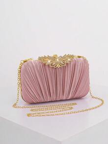 女士时尚水钻装饰翻盖盒晚宴手拿包，适合婚礼、庆典和正式活动，手提包，派对包，高品质褶皱香槟色链条单肩包/斜挎包 - 粉色 - 查看 2