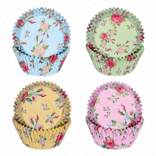 100/400 moules à cupcakes standard en papier floral dans 4 couleurs différentes. Caissettes à muffins jetables pour mariage, fête, goûter. Fournitures de cuisson