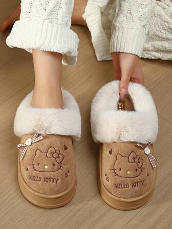 Sanrio 3D蝴蝶结毛绒内衬三丽鸥Hello Kitty拖鞋，豹纹印花，优雅公主拖鞋，派对拖鞋，升级静音鞋底，保暖防滑，室内拖鞋 - 透气无异味，2025冬季新款，Hello Kitty毛绒拖鞋，女士拖鞋，情侣款，粉色/棕色（尺码偏小）