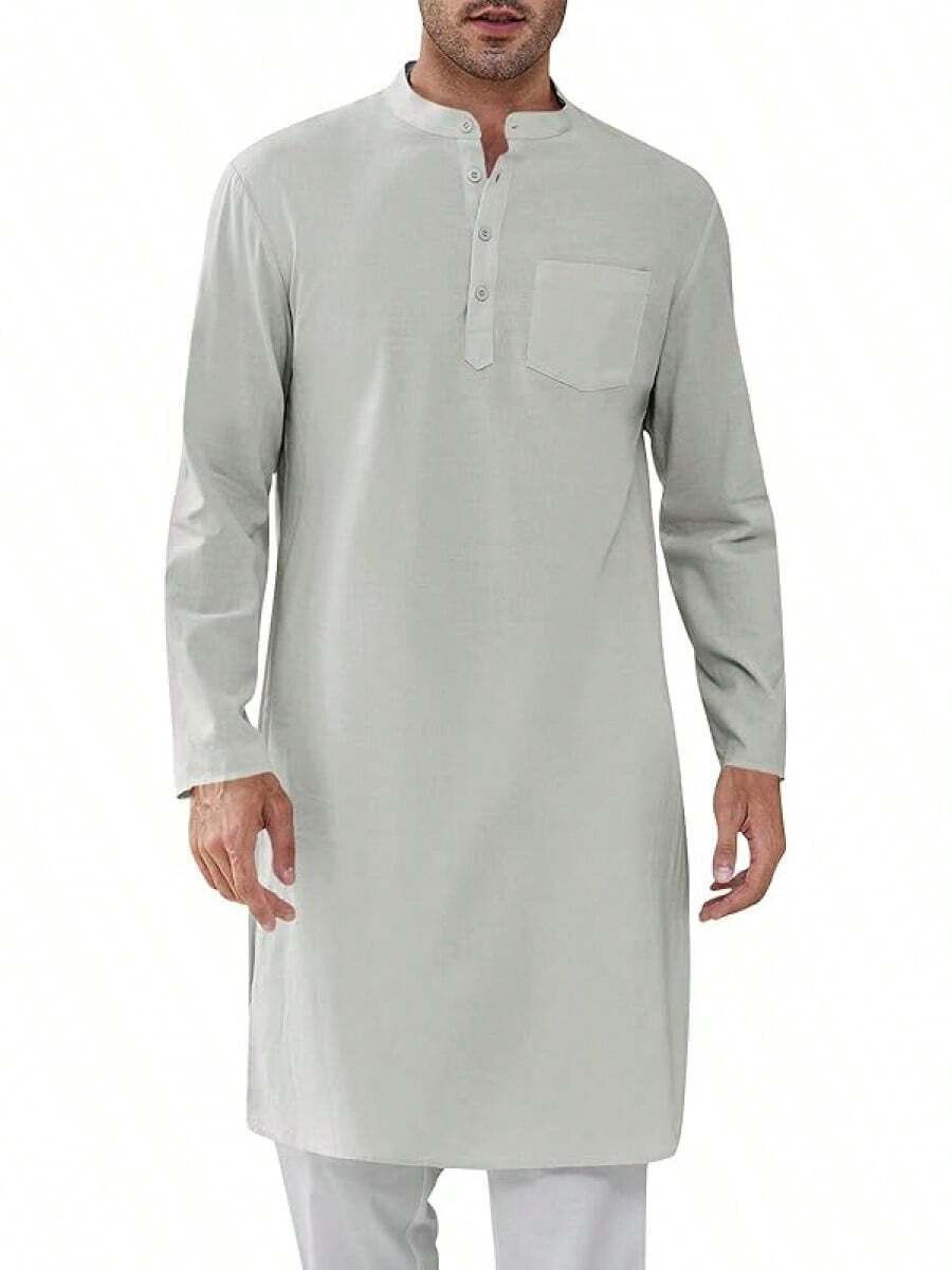 Mens Kaftan Robe Button Down Long Sleeve Henley Cotton Thobe Casual Side Split Gown Shirthalloween - Xám - Xem 1