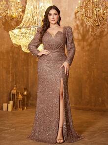 Váy dạ hội dài chấm đất hở lưng cổ chữ V sâu tay công chúa xẻ cao xếp nếp sequin - Cà phê nâu - Xem 2