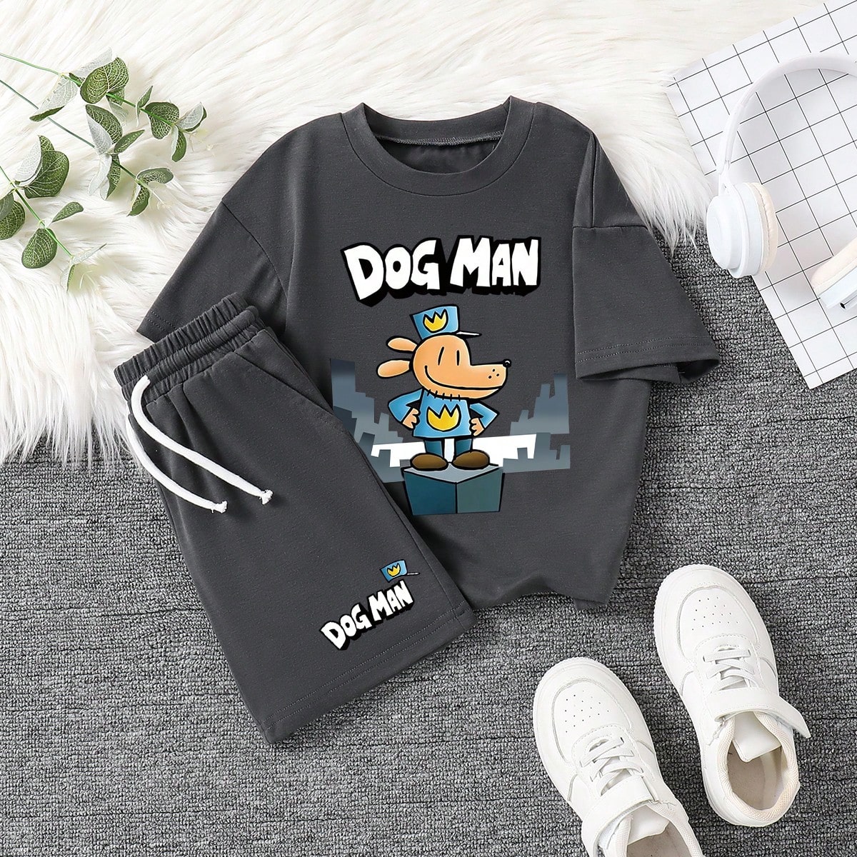 Conjunto de camiseta de cuello redondo de manga corta y pantalones cortos con estampado de dibujos animados para niño preadolescente