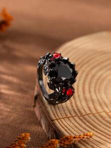 1 chiếc nhẫn Zirconia hoa cổ điển sang trọng thời trang dành cho nữ, thích hợp cho đám cưới, đính hôn, tiệc tùng, trang sức Halloween - màu đen - Xem 2