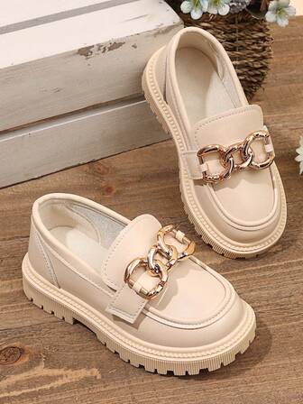 Fashionable And Avant-Garde Children's Loafers With Eye-Catching Metal Chain Decor And Thick Soles