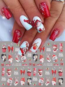 2 folhas de adesivos de unhas de veado de Natal 5D em relevo branco vermelho veado luzes de Natal urso pinguim design adesivo desenho animado urso decalque decoração de arte de unha - Multicolorido - Ver 2