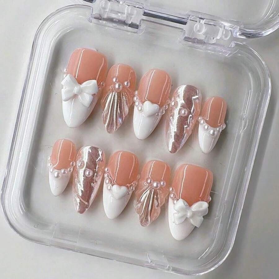 NailLuxe 10 PCS Handmade 2025 Press - On Nails | PearlBow With Acrylic Bow & Pearl Embellishments - trắng - Xem 1