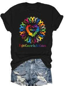 [Camiseta de moda casual] Camiseta de mujer suave y cómoda - Camiseta de manga corta de cuello redondo con cintas de colores de concienciación sobre el cáncer, regalo perfecto para la abuela y la mamá, uso casual de primavera y verano - Negro - Ver 1