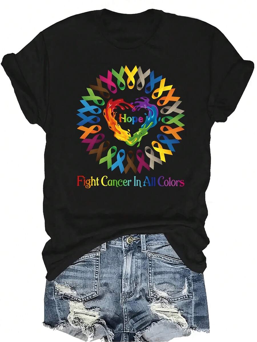 [Camiseta de moda casual] Camiseta de mujer suave y cómoda - Camiseta de manga corta de cuello redondo con cintas de colores de concienciación sobre el cáncer, regalo perfecto para la abuela y la mamá, uso casual de primavera y verano - Negro - Ver 1