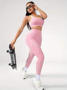 Seamless Macaroon Color Sports Bra With Padded Cups & Wide Straps + High Waist Tummy Control Fitness Leggings, Fashionable For Women