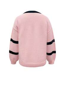Women's New Style V Neck Collision Color Letter And Number Pattern Jacquard Loose Casual Stylish Street Retro Preppy Long Sleeve Sports Sweater, Fall And Winter