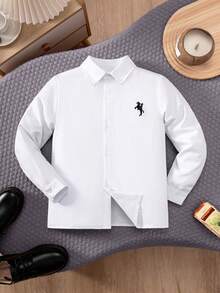 男童及儿童经典白色刺绣长袖衬衫，正式着装，适合休闲聚会、花童及各种正式场合。