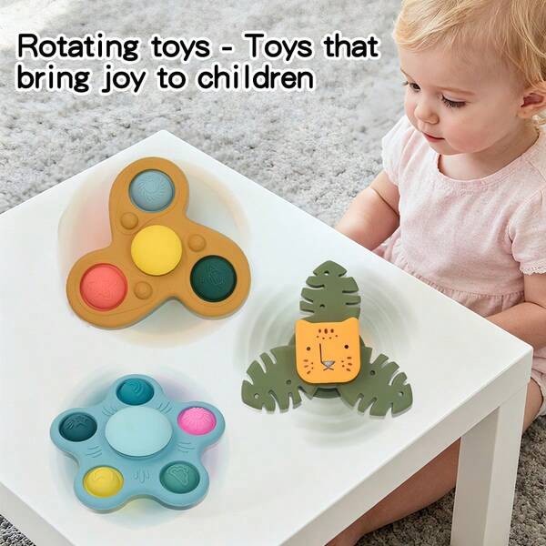 1 peça de brinquedos sensoriais para bebês, piões, tigre, folha, brinquedos de silicone em formato de foguete, brinquedos com ventosa para bebês, chocalho giratório, quebra-cabeça giratório e desenho animado relaxante | Brinquedos educativos portáteis para bebês, adequados para a volta às aulas, Halloween, Natal