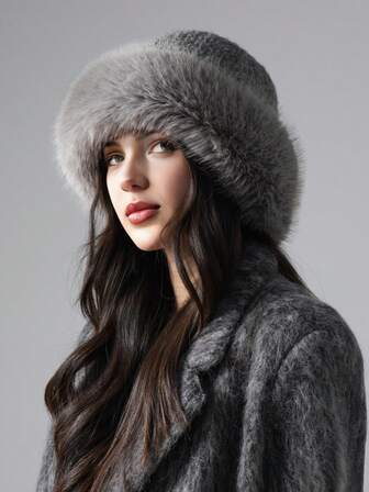 1pc Women's Solid Color Fluffy Bucket Hat, Autumn/Winter Furry Brim Versatile White Warm Ear Protection Mongolian Hat Suitable For Daily Outings, Shopping, Outdoor Activities
