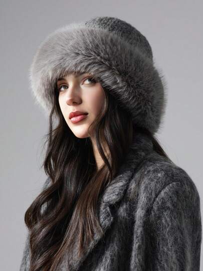 1 件女士纯色蓬松渔夫帽，秋冬毛茸茸帽檐百搭白色保暖护耳蒙古帽适合日常外出、购物、户外活动