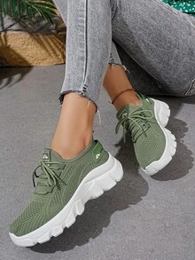 "Export Platform Round Toe Slip-On Sports Shoes Women 2025 Summer Large Size Breathable Running Shoes Soft Sole Casual Lace-Up Lightweight Women" - Green - View 16