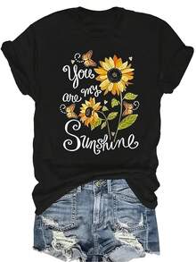 [Camiseta de moda casual] Camiseta suave y cómoda para mujer - Girasoles, mariposas, sol, manga corta, cuello redondo, casual. Regalo perfecto para la abuela y la mamá, uso casual de primavera y verano - Negro - Ver 1