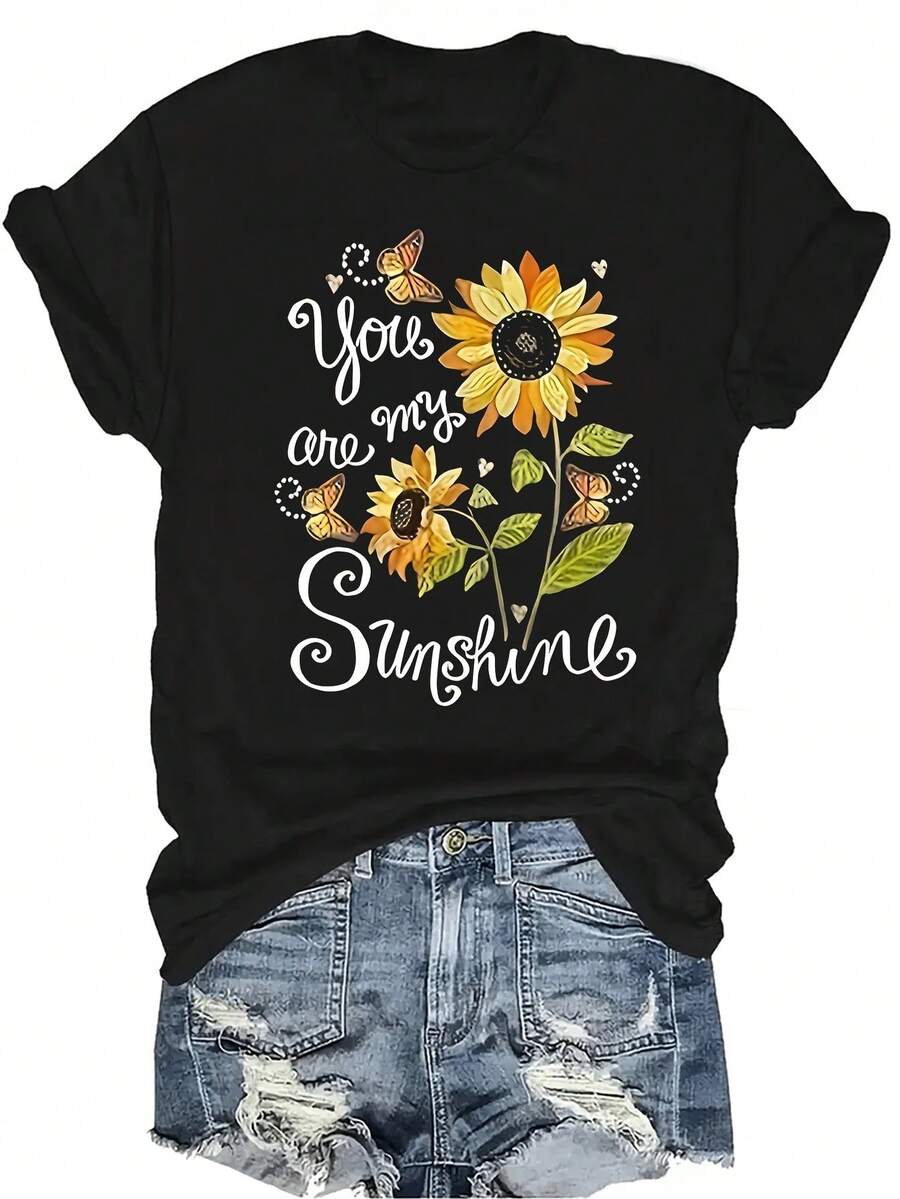 [Camiseta de moda casual] Camiseta suave y cómoda para mujer - Girasoles, mariposas, sol, manga corta, cuello redondo, casual. Regalo perfecto para la abuela y la mamá, uso casual de primavera y verano - Negro - Ver 1