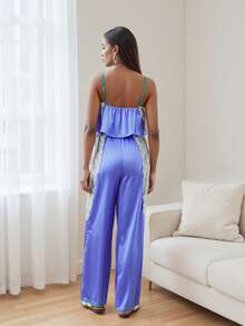 Women's Pajama Sets Lace Patchwork Spaghetti Strap Ruffled Cami Tops With Loose Pants 2Pcs Soft Sleepwear - Blue-purple - View 6