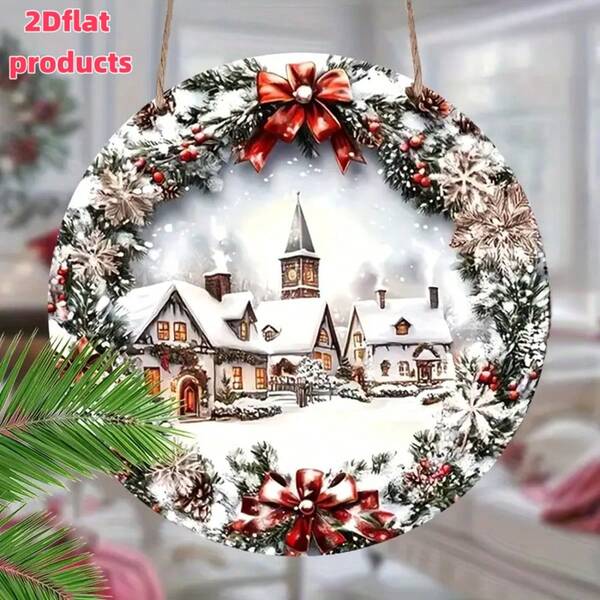 2D Flat, 1pc Christmas Wooden Sign With Snowy Village Scene, Red Bow And Pinecone, Ideal For Holiday Decor, Christmas Ornament