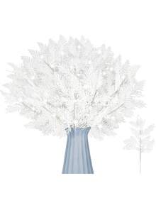 20pcs-Christmas Tree Picks Sprays 10.24 Inch Glitter Artificial Pine Leaves Cedar Stems Faux Pine Needles Greenery Cedar Branches Ornament For Home Garland Wreath Winter Decor(White)