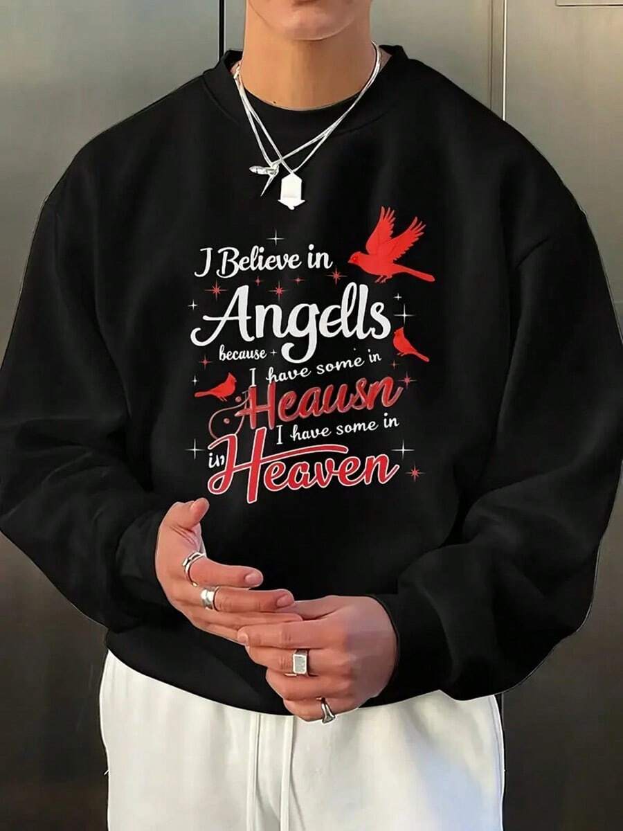 Men's Retro 90s Streetwear Oversized Hoodie - Angel Faith Lettering & Flying Bird Print Fleece Pullover Sweatshirt, Soft Warm Round Neck Long Sleeve Casual Winter Wear, White With Red Lettering,Fall Hoodies,Men's Fall Clothes,Street Wear,Halloween,Mens Hoodies,Y2k Clothes,Jesus Hoodie,Thanksgiving Day,Nightmare Before Christmas,Christmas - 黑色 - 查看 1