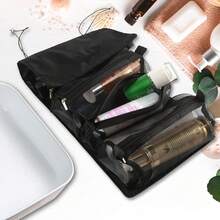 Bolsa de Maquillaje Plegable de Viaje Enrollable, Bolsa de Cosméticos 4 en 1 Desmontable Multifuncional, Bolsa de Aseo de Viaje Enrollable para Mujer con 4 Bolsas Desmontables de Malla, Colgante - Negro - Ver 9