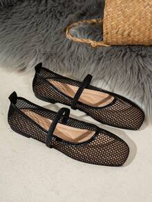 秋冬女士时尚镂空平底鞋，网眼纯色透气一脚蹬平底鞋，玛丽珍鞋 - 黑色 - 查看 5