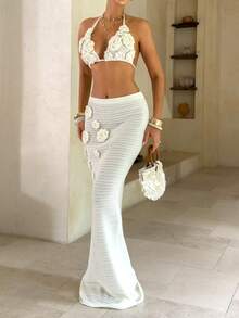 女士春夏针织吊带上衣和中长裙套装 | 镂空花朵镶嵌设计，性感优雅 | 海滩度假、早午餐约会的完美之选 - 米色 - 查看 6