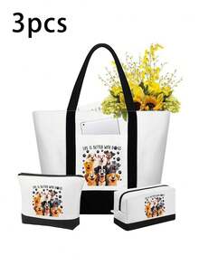 حقيبة تسوق نسائية بتباين الأبيض والأسود مع جيب، طباعة 8 كلاب ضاحكة، الحياة أفضل مع الكلاب، بسحاب، حقيبة بألوان متباينة، حقيبة صغيرة بألوان متباينة، حقيبة تسوق محمولة باليد، حقيبة تسوق أبيض وأسود، حقيبة تسوق بألوان متباينة، تخزين طعام الكلاب، حقيبة تسوق للتنقل، حقيبة تسوق سعة كبيرة