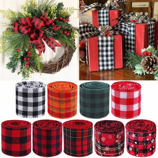 Roll Christmas Plaid Linen Ribbon Decoration/Christmas Tree Bow Linen/Xmas Gift Wrapping Hemp Ribbon